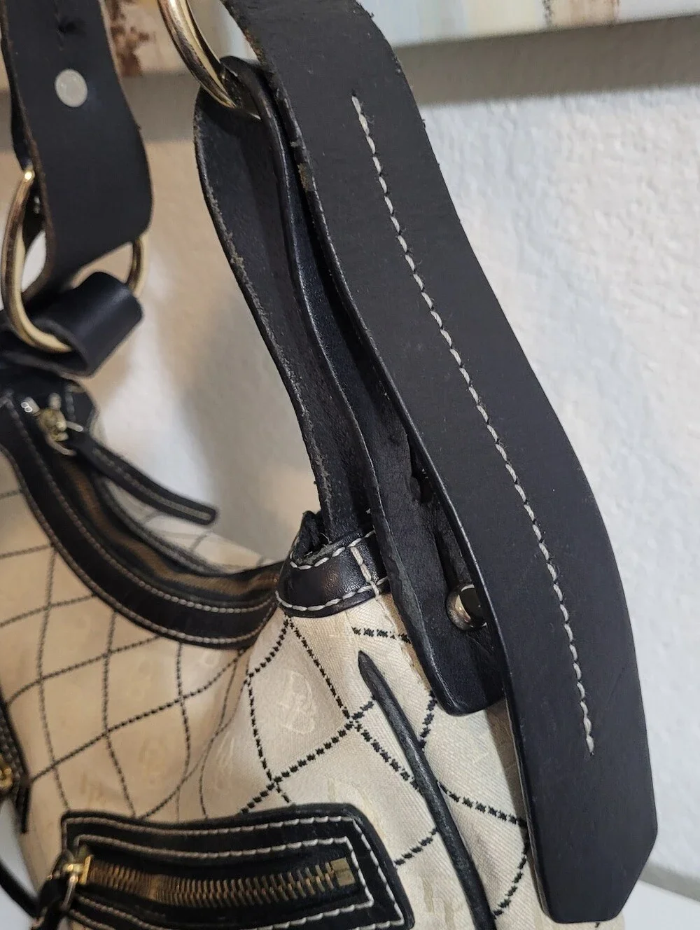 Dooney & Bourke Cream Black Canvas Monogram Hobo Shoulder Handbag
